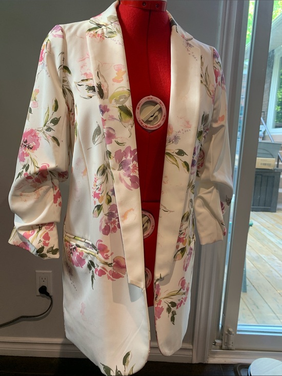 Guess Jackets & Blazers - Guess White Floral Longline Blazer with Pink & Green Print